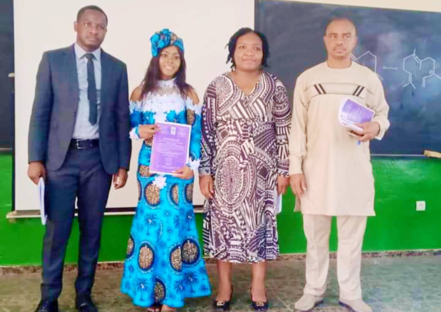 Ms. TONNANG Ornele Nickele and her jury during her MSc defense on the Contribution to the chemical study of Endomelanconiopsis endophytica, an endophytic fungus isolated from Breynia oblongifolia (Phyllanthaceae). (January 18, 2024).